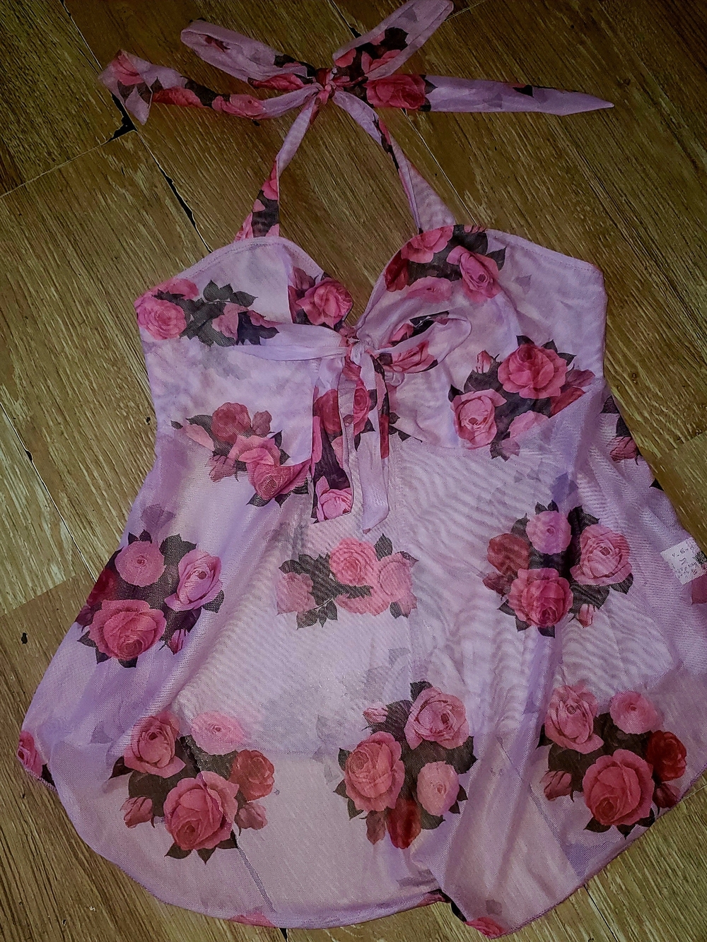 Selianne Purple & Pink Rose Sheer Mesh Babydoll Bow Tie Halter Top